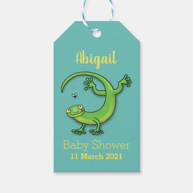 Cute lycklig grönt gecko hälsning med kryp tecknad presentetikett (Framsidan)