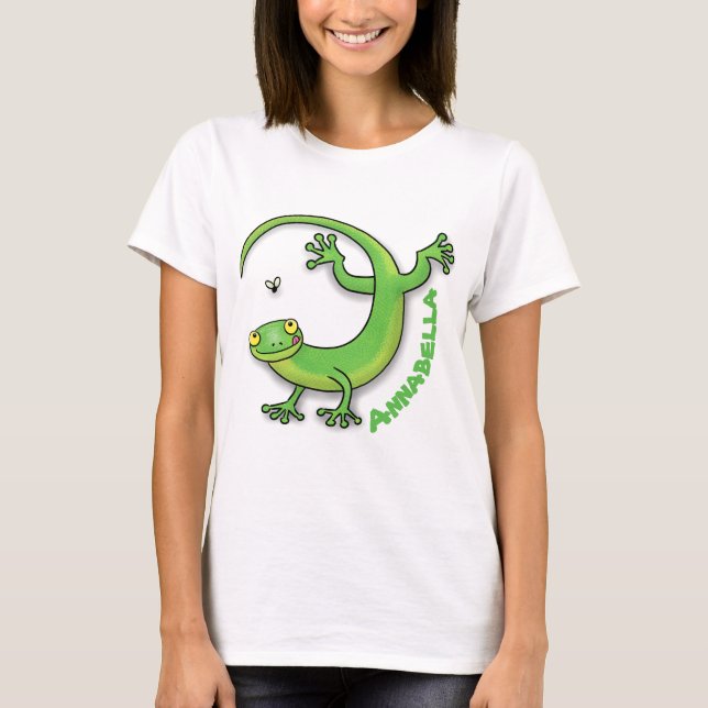 Cute lycklig grönt gecko hälsning med kryp tecknad t shirt (Framsida)