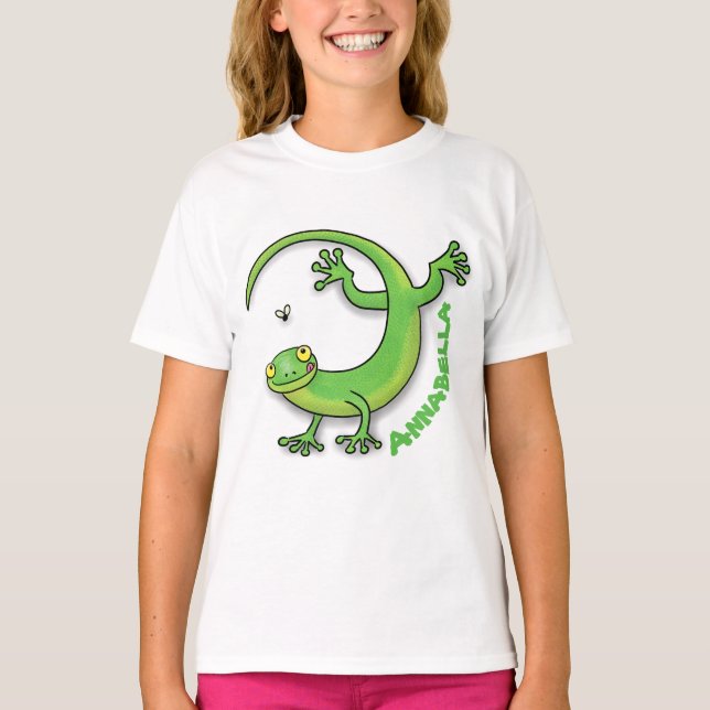 Cute lycklig grönt gecko hälsning med kryp tecknad t shirt (Framsida)