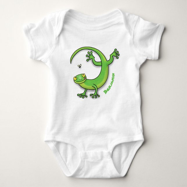 Cute lycklig grönt gecko hälsning med kryp tecknad t shirt (Framsida)