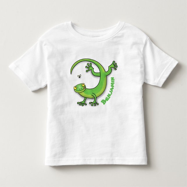 Cute lycklig grönt gecko hälsning med kryp tecknad t shirt (Framsida)