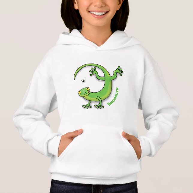 Cute lycklig grönt gecko hälsning med kryp tecknad t shirt (Framsida)