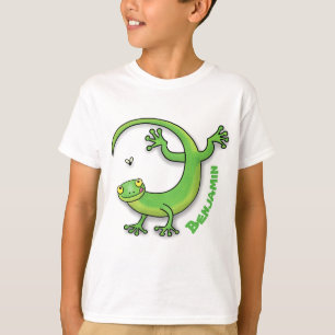 Cute lycklig grönt gecko hälsning med kryp tecknad t shirt