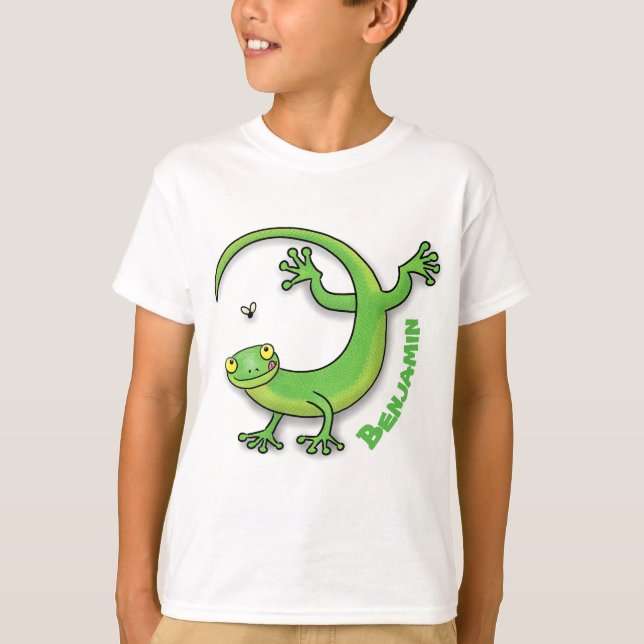 Cute lycklig grönt gecko hälsning med kryp tecknad t shirt (Framsida)