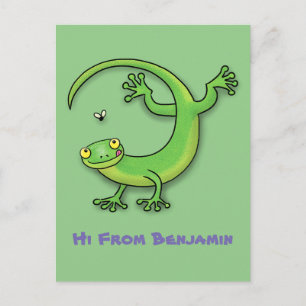 Cute lycklig grönt gecko hälsning med kryp tecknad vykort