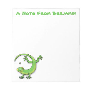 Cute lycklig grönt gecko lizard med kryp tecknad anteckningsblock