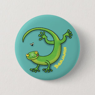 Cute lycklig grönt gecko lizard med kryp tecknad knapp