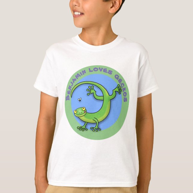 Cute lycklig grönt gecko lizard tecknad t shirt (Framsida)