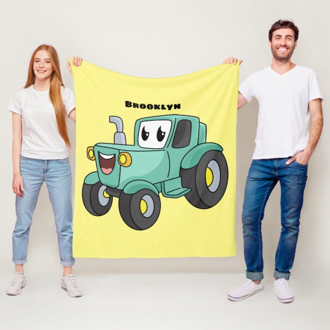 Cute lycklig grönt Traktorns tecknad Fleecefilt (På plats)