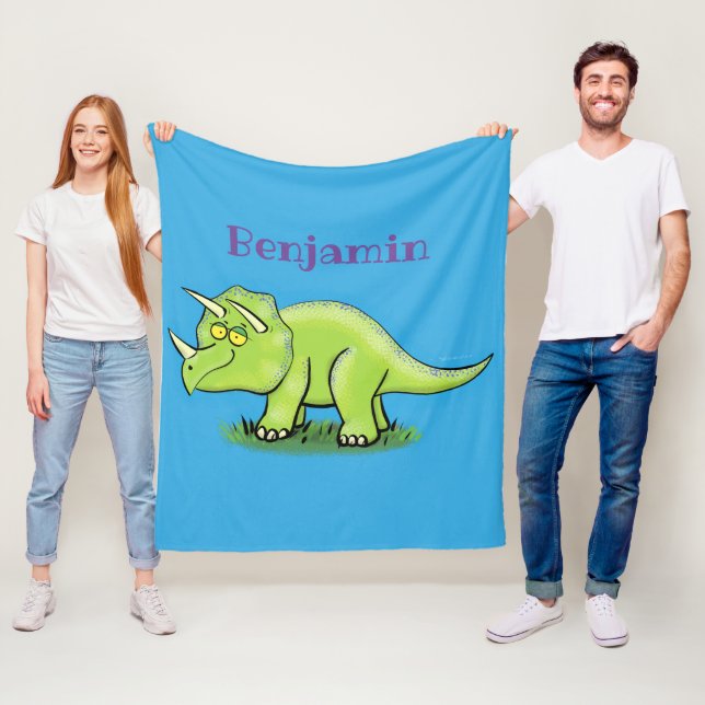 Cute lycklig grönt triceratops dinosaur tecknad fleecefilt (På plats)