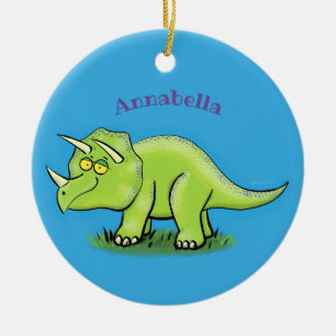 Cute lycklig grönt triceratops dinosaur tecknad julgransprydnad keramik