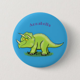 Cute lycklig grönt triceratops dinosaur tecknad knapp