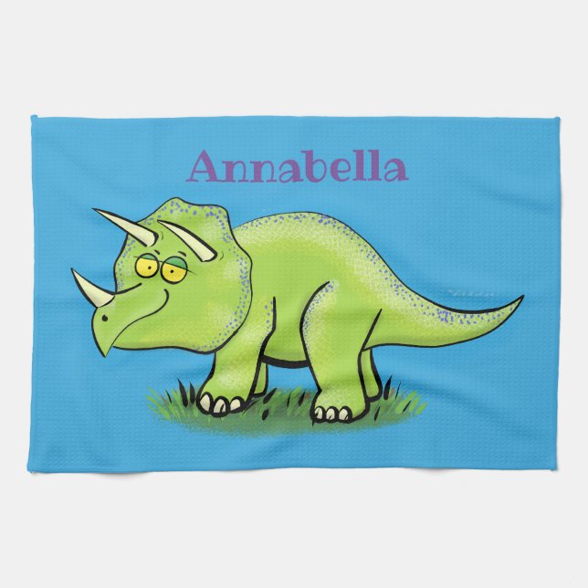 Cute lycklig grönt triceratops dinosaur tecknad kökshandduk (Horisontell)