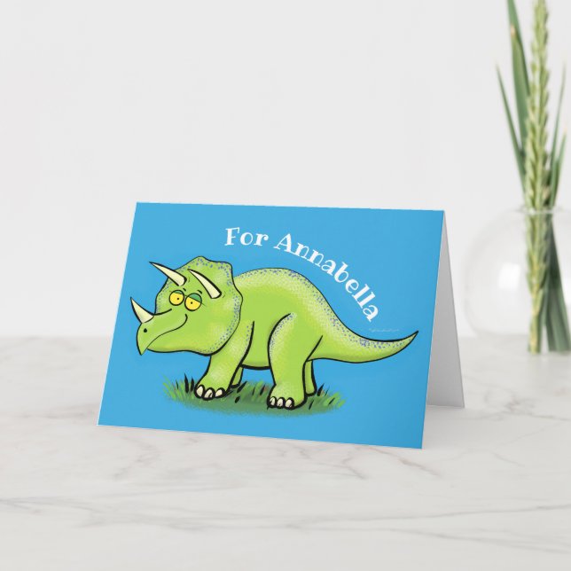 Cute lycklig grönt triceratops dinosaur tecknad kort (Framsida)