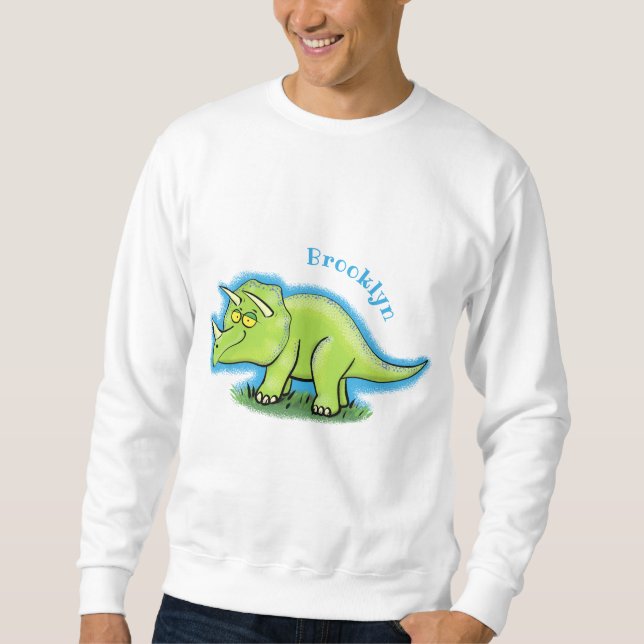 Cute lycklig grönt triceratops dinosaur tecknad lång ärmad tröja (Framsida)