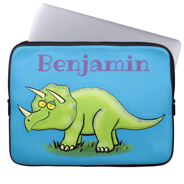 Cute lycklig grönt triceratops dinosaur tecknad laptop fodral (Framsidan)