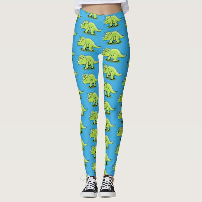 Cute lycklig grönt triceratops dinosaur tecknad leggings (Framsida)