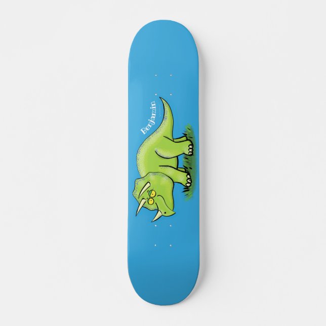 Cute lycklig grönt triceratops dinosaur tecknad mini skateboard bräda 18,5 cm (Framsida)