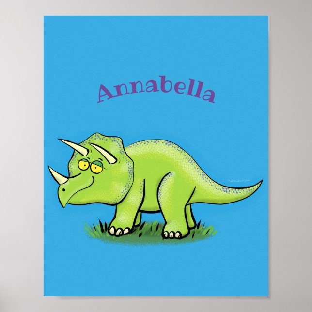 Cute lycklig grönt triceratops dinosaur tecknad poster (Framsidan)