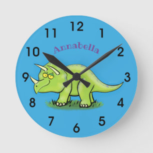 Cute lycklig grönt triceratops dinosaur tecknad rund klocka