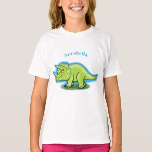 Cute lycklig grönt triceratops dinosaur tecknad t shirt