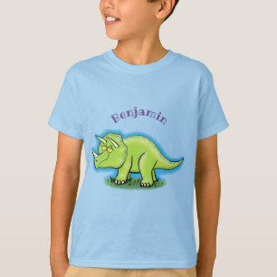 Cute lycklig grönt triceratops dinosaur tecknad t shirt