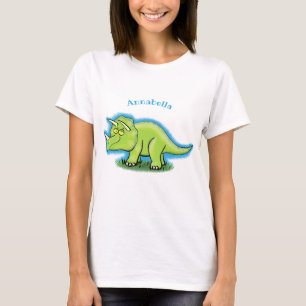Cute lycklig grönt triceratops dinosaur tecknad t shirt