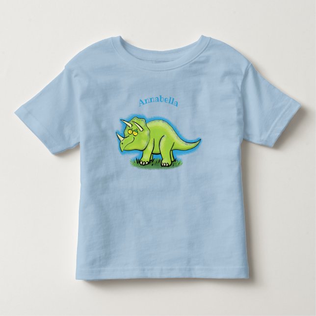 Cute lycklig grönt triceratops dinosaur tecknad t shirt (Framsida)