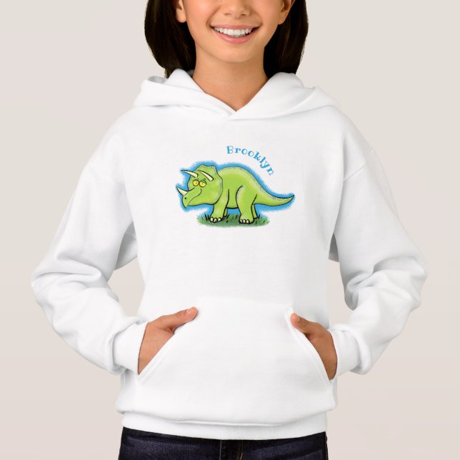 Cute lycklig grönt triceratops dinosaur tecknad t shirt (Framsida)