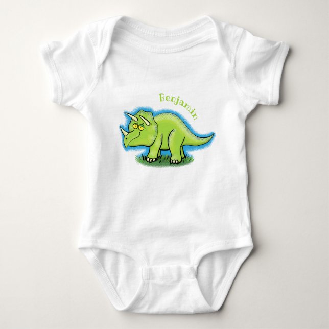Cute lycklig grönt triceratops dinosaur tecknad t shirt (Framsida)