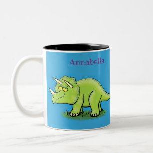 Cute lycklig grönt triceratops dinosaur tecknad Två-Tonad mugg