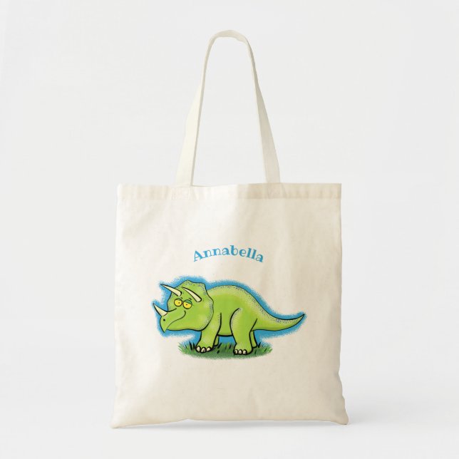 Cute lycklig grönt triceratops dinosaur tecknad tygkasse (Framsidan)