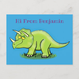 Cute lycklig grönt triceratops dinosaur tecknad vykort