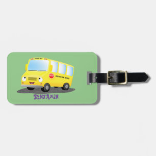 Cute lycklig gult buss tecknad bagagebricka