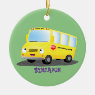 Cute lycklig gult buss tecknad julgransprydnad keramik