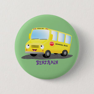 Cute lycklig gult buss tecknad knapp