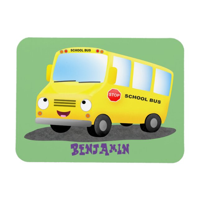 Cute lycklig gult buss tecknad magnet (Horisontell)