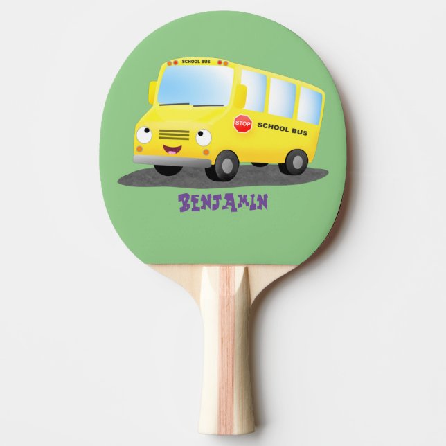 Cute lycklig gult buss tecknad pingisracket (Framsidan)