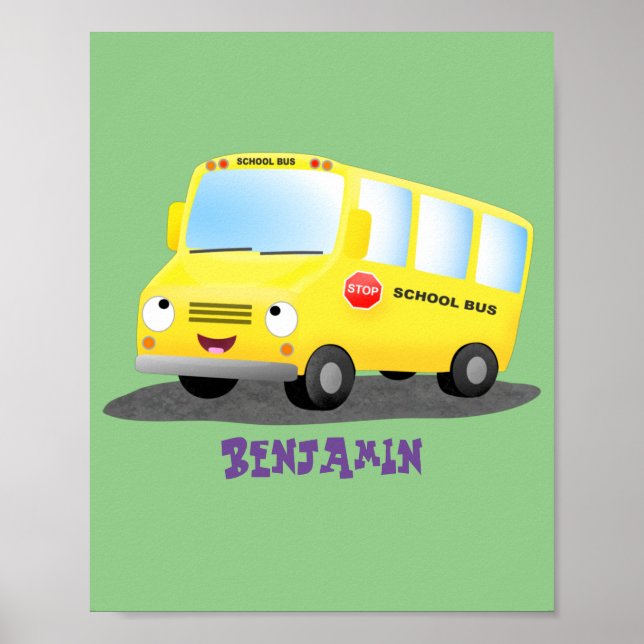 Cute lycklig gult buss tecknad poster (Framsidan)