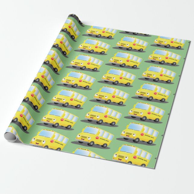 Cute lycklig gult buss tecknad presentpapper (Utrullad)