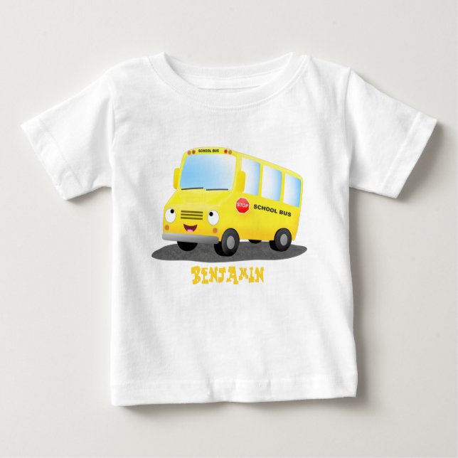 Cute lycklig gult buss tecknad t shirt (Framsida)