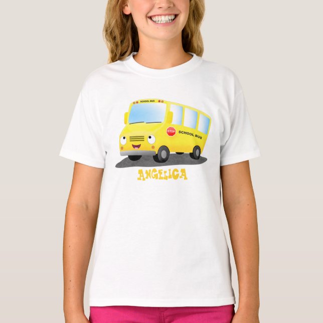 Cute lycklig gult buss tecknad t shirt (Framsida)