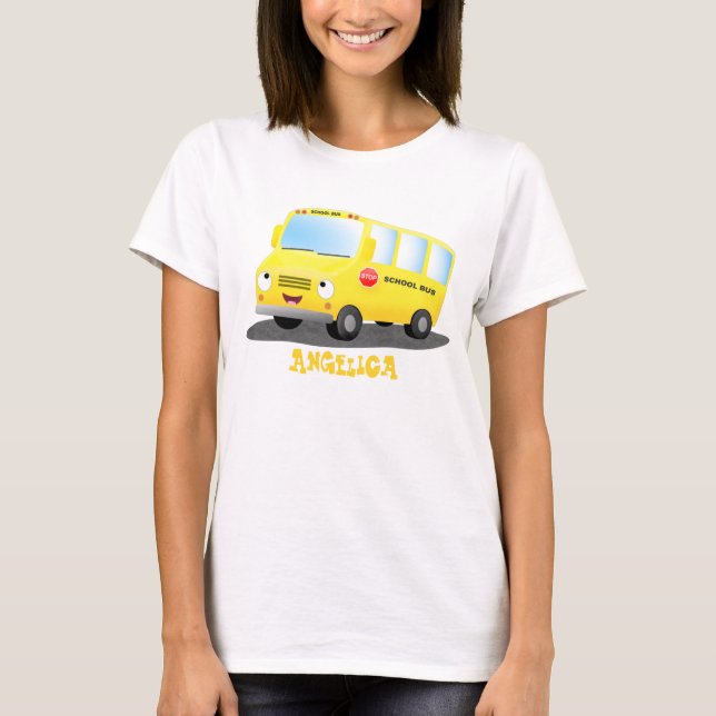 Cute lycklig gult buss tecknad t shirt (Framsida)
