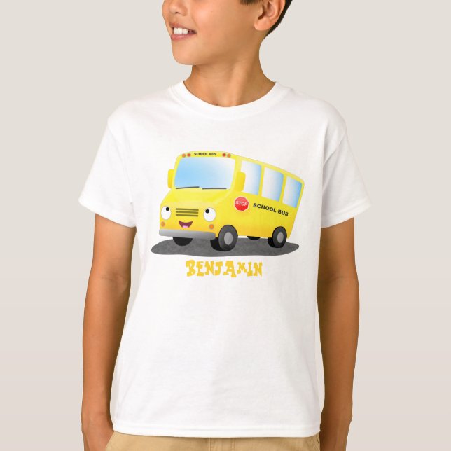 Cute lycklig gult buss tecknad t shirt (Framsida)