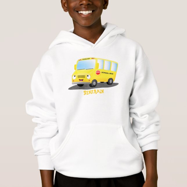 Cute lycklig gult buss tecknad t shirt (Framsida)
