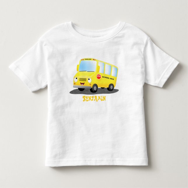 Cute lycklig gult buss tecknad t shirt (Framsida)