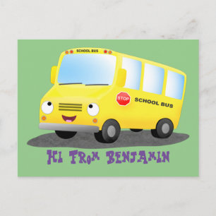 Cute lycklig gult skolans tecknad buss vykort