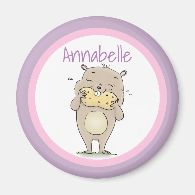 Cute lycklig hamster som äter en tecknad av jordnö magnet (Framsidan)