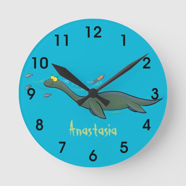 Cute, lycklig havets monsterplesiosaur-tecknad rund klocka (Framsida)