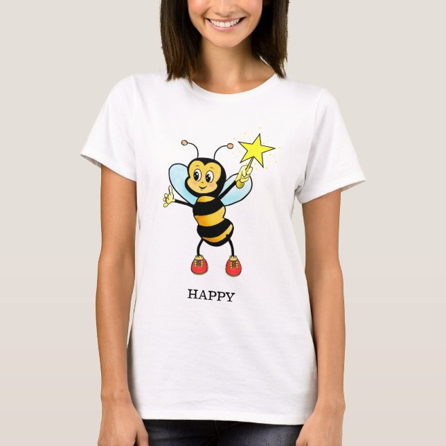 Cute Lycklig Honungsbi med stjärnan på Himmel Blue T Shirt (Framsida)